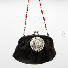 Load image into Gallery viewer, Vintage Pin Handbag, Black Silk Clutch with Red Beaded Strap, Swarovski Crystal Handle and Rhinestone Pin, Special Occasion Purse
