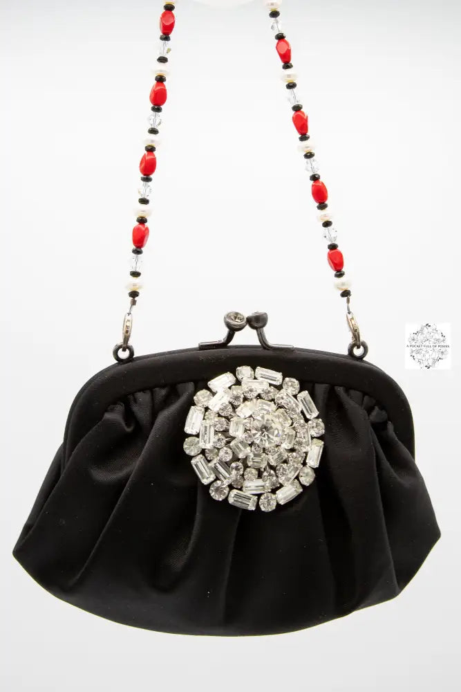 Vintage Pin Handbag, Black Silk Clutch with Red Beaded Strap